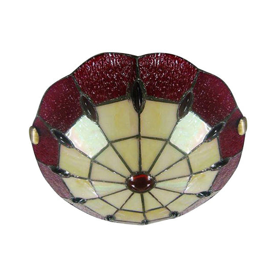 Tiffany Style Bedroom Ceiling Light 12/16/19.5 W Dome Shade Flush Mount With Red Jewel Decoration /