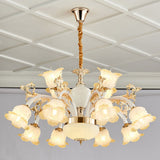 Floral Frosted Glass Dining Room Chandelier - Minimalist Ceiling Lamp In White