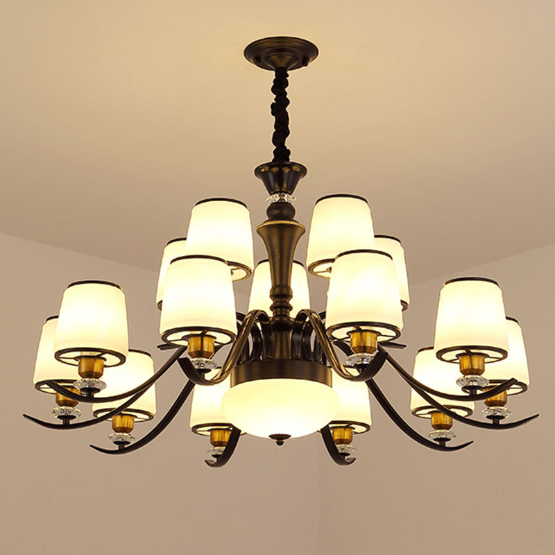 Modern Opal Glass Drum Pendant Chandelier For Living Room In Black 18 /