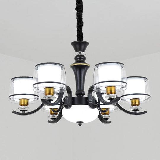Modern Dual Cylinder Pendant Chandelier With Clear And White Glass For Living Room 6 / Black