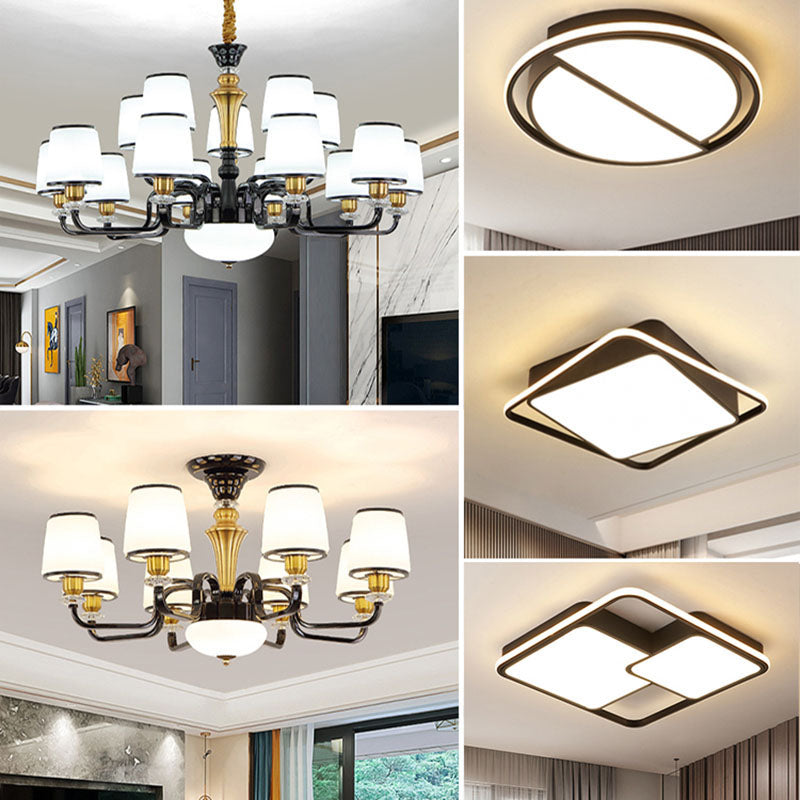 Zeitgenössische schwarze Kronleuchterleuchte für Esszimmer – weiße Glasfass-Tropfenlampe