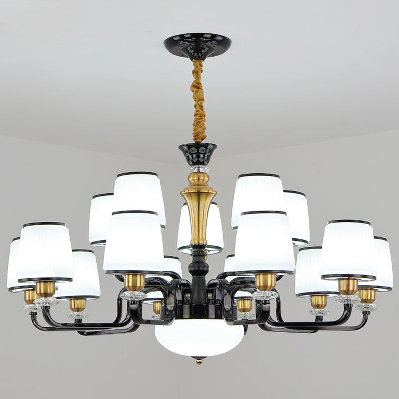 Zeitgenössische schwarze Kronleuchterleuchte für Esszimmer – weiße Glasfass-Tropfenlampe