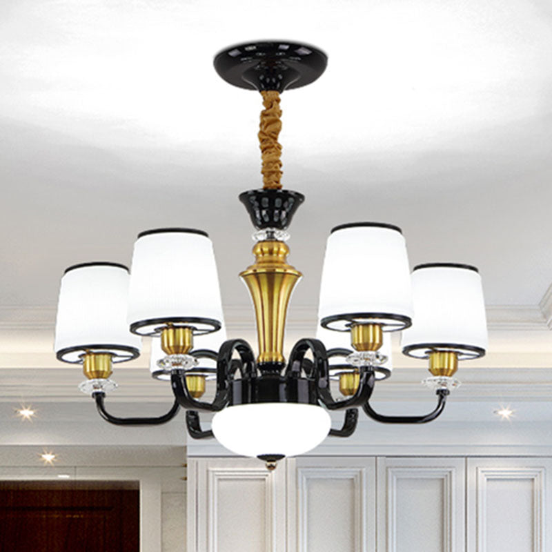 Zeitgenössische schwarze Kronleuchterleuchte für Esszimmer – weiße Glasfass-Tropfenlampe