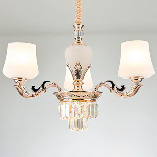Gold Tapered Chandelier Lamp: Elegant Pendulum Light With White Frosted Glass Shade For Living Room