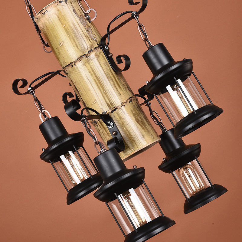 Coastal Black Pendant Chandelier With Clear Glass/Marble And Bamboo Shelf