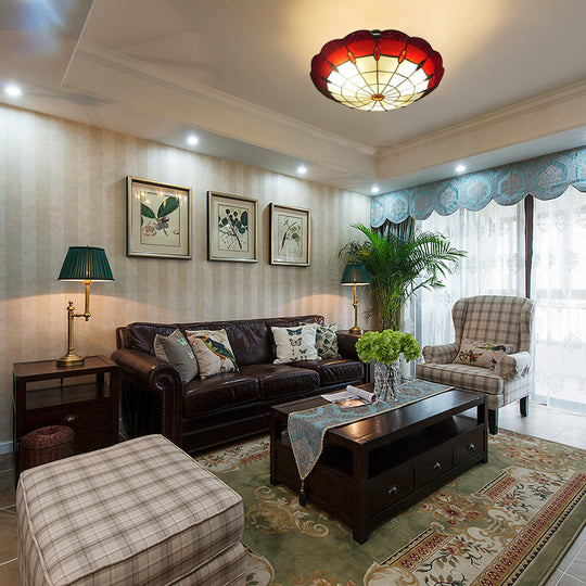 Tiffany Style Bedroom Ceiling Light 12/16/19.5 W Dome Shade Flush Mount With Red Jewel Decoration /