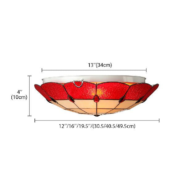 Tiffany Style Bedroom Ceiling Light 12’/16’/19.5’ W Dome Shade Flush Mount With Red Jewel Decoration