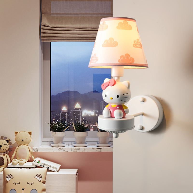 Cartoon White Wall Mount Light: Single-Bulb Bedroom Fixture With Conical Fabric Shade / C