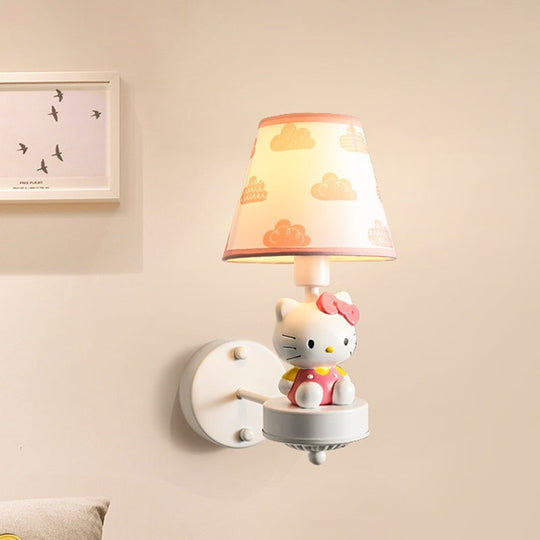 Cartoon White Wall Mount Light: Single-Bulb Bedroom Fixture With Conical Fabric Shade