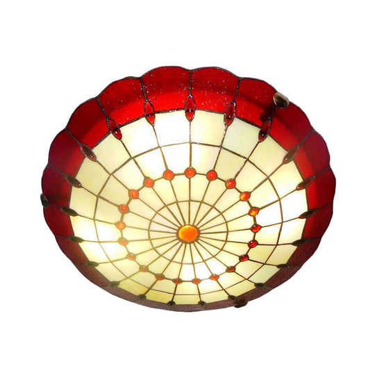 Tiffany Style Bedroom Ceiling Light 12/16/19.5 W Dome Shade Flush Mount With Red Jewel Decoration /