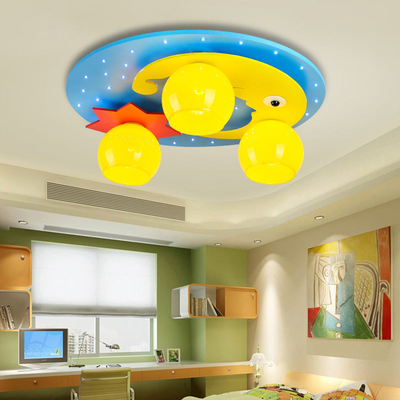 Blue Led Cartoon Ceiling Lamp For Childs Bedroom - Wood Night View Flush Mount Light