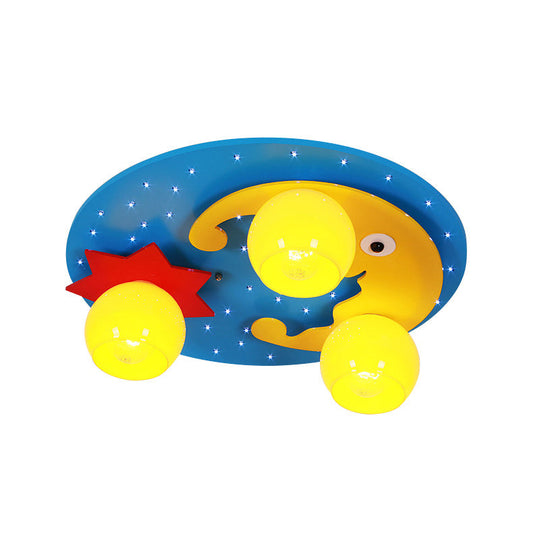 Blue Led Cartoon Ceiling Lamp For Childs Bedroom - Wood Night View Flush Mount Light