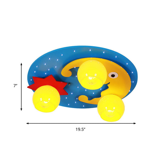 Blue Led Cartoon Ceiling Lamp For Childs Bedroom - Wood Night View Flush Mount Light