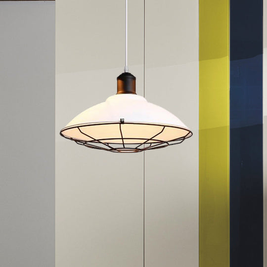 Industrial Black/White Iron Pendant Light Fixture - 1-Light Wire Cage Hanging Design With Saucer