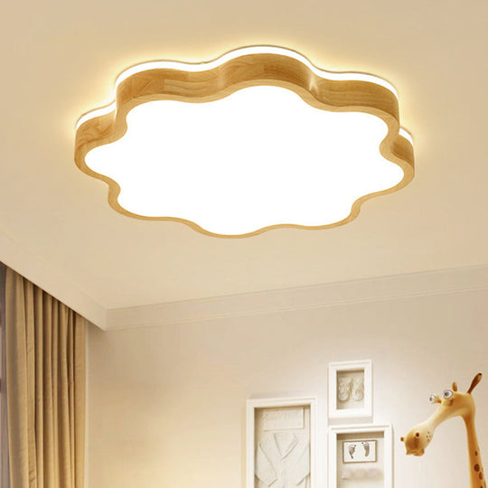 Wooden Flower Flush Mount Light With Simple Beige Led - Bedroom Lighting