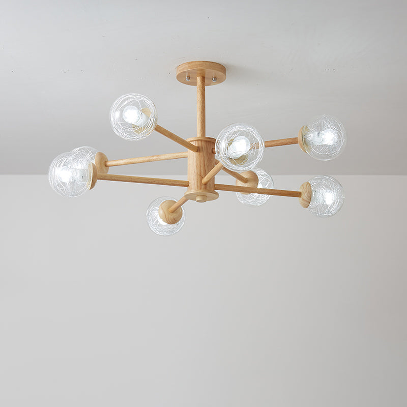 Nordic Led Wooden Chandelier With 2-Tier Radial Beige Design And Clear Glass Shades
