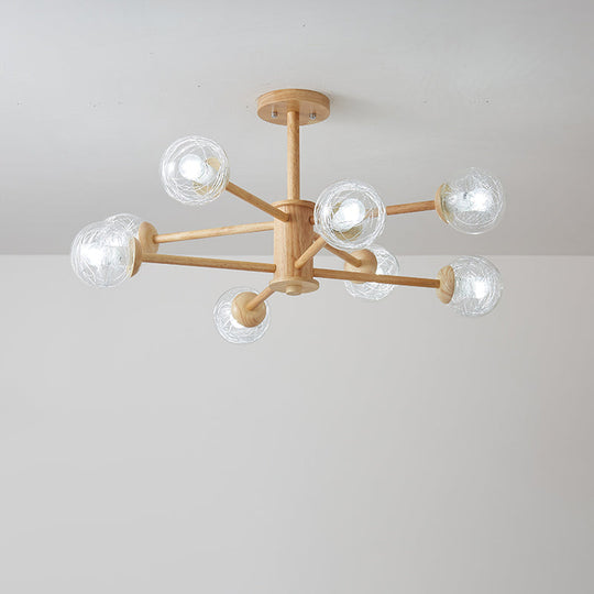 Nordic Led Wooden Chandelier With 2-Tier Radial Beige Design And Clear Glass Shades