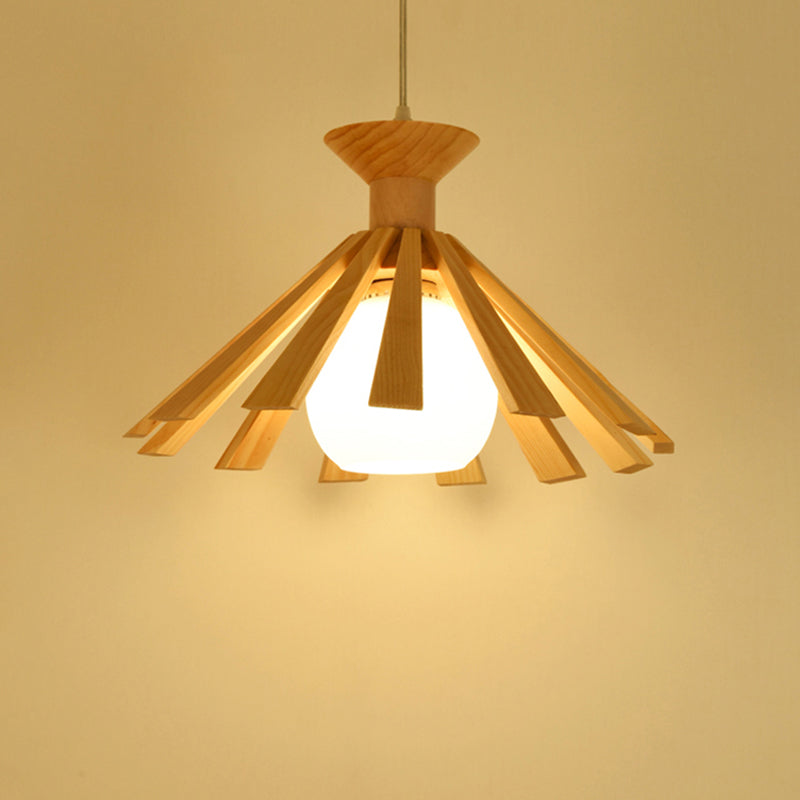 Contemporary Wooden Pendant Ceiling Light With Cream Glass Shade - Single-Bulb Dining Room Hanging