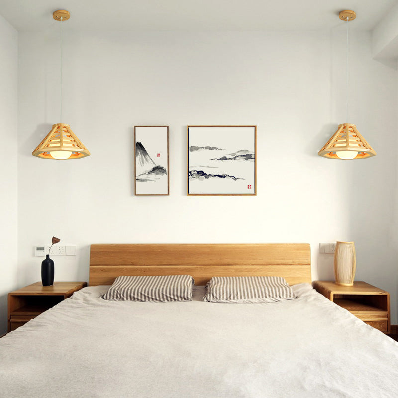 Contemporary Wooden Pendant Ceiling Light With Cream Glass Shade - Single-Bulb Dining Room Hanging