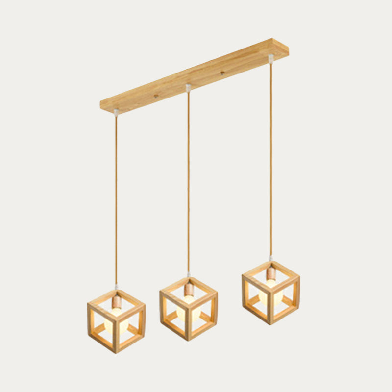 Modern Square Shaped Wooden Pendant Light - 3 Bulb Multi Fixture For Kitchen Wood / Linear