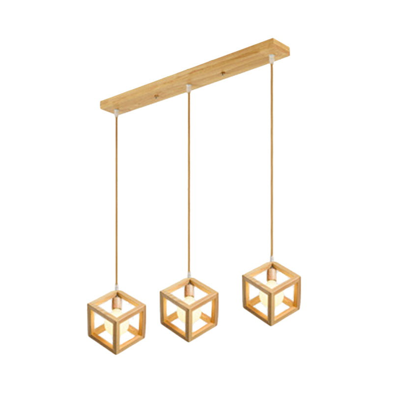 Simple Wooden Square Pendant Light With 3 Multi-Lights For Kitchen