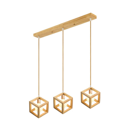 Modern Square Shaped Wooden Pendant Light - 3 Bulb Multi Fixture For Kitchen