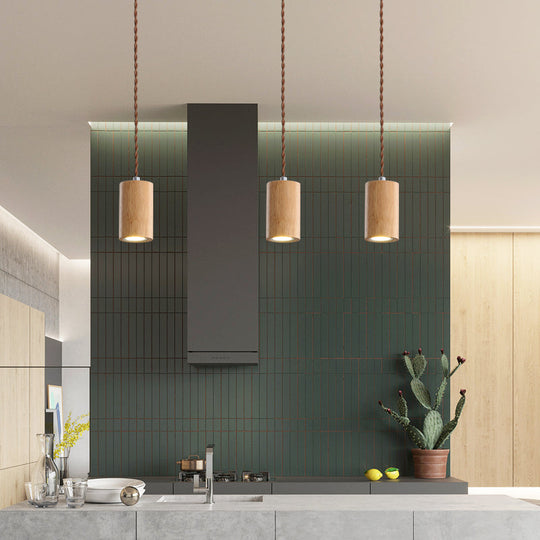 Simple Wooden Led Kitchen Suspension Light In Beige - Geometric Shaped Ceiling Pendant Wood / C