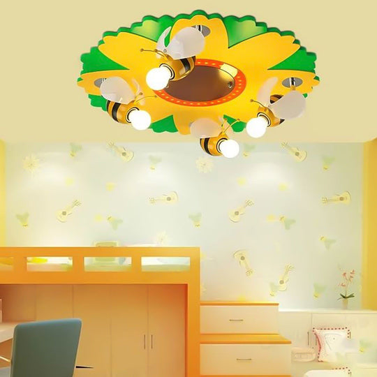 Cartoon Sunflower Ceiling Light With Bee Metal - 4 Bulbs Yellow Bedroom Lamp