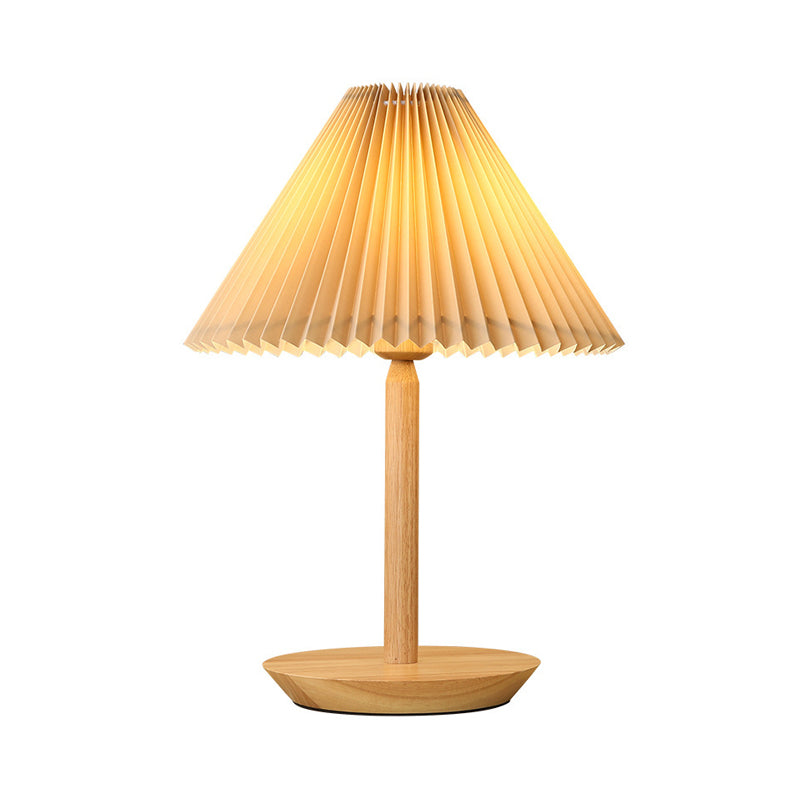 Modern Geometric Fabric Table Light With Single Wood Nightstand Base In Beige - Perfect For Bedroom