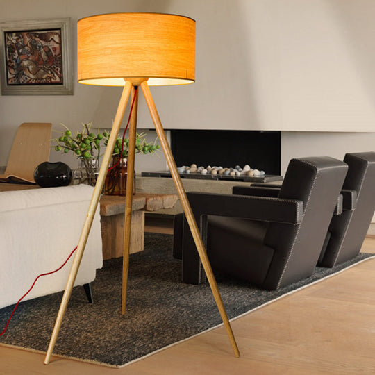 Simple Wooden Led Floor Lamp With Cylinder Shade Ideal For Bedroom - Beige