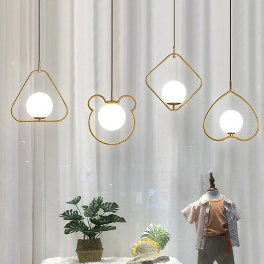 Minimalist Milky Glass Orb Pendant Light With Gold Pendulum And Metal Frame