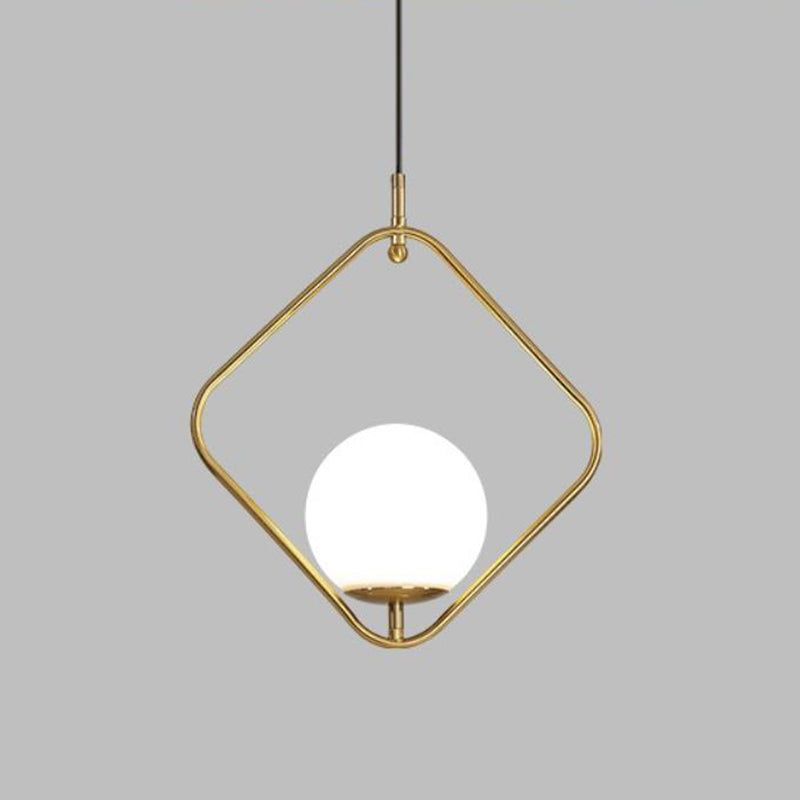 Minimalist Milky Glass Orb Pendant Light With Gold Pendulum And Metal Frame / A