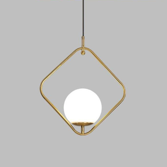 Minimalist Milky Glass Orb Pendant Light With Gold Pendulum And Metal Frame / A