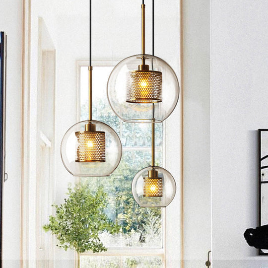 Modern Clear Glass Orb Pendant Light With Mesh Cage - 1 Head Hanging Ceiling Lighting