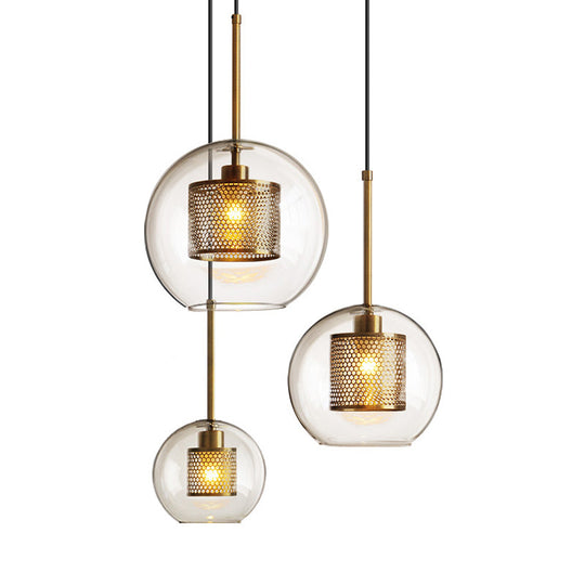 Modern Clear Glass Orb Pendant Light With Mesh Cage - 1 Head Hanging Ceiling Lighting