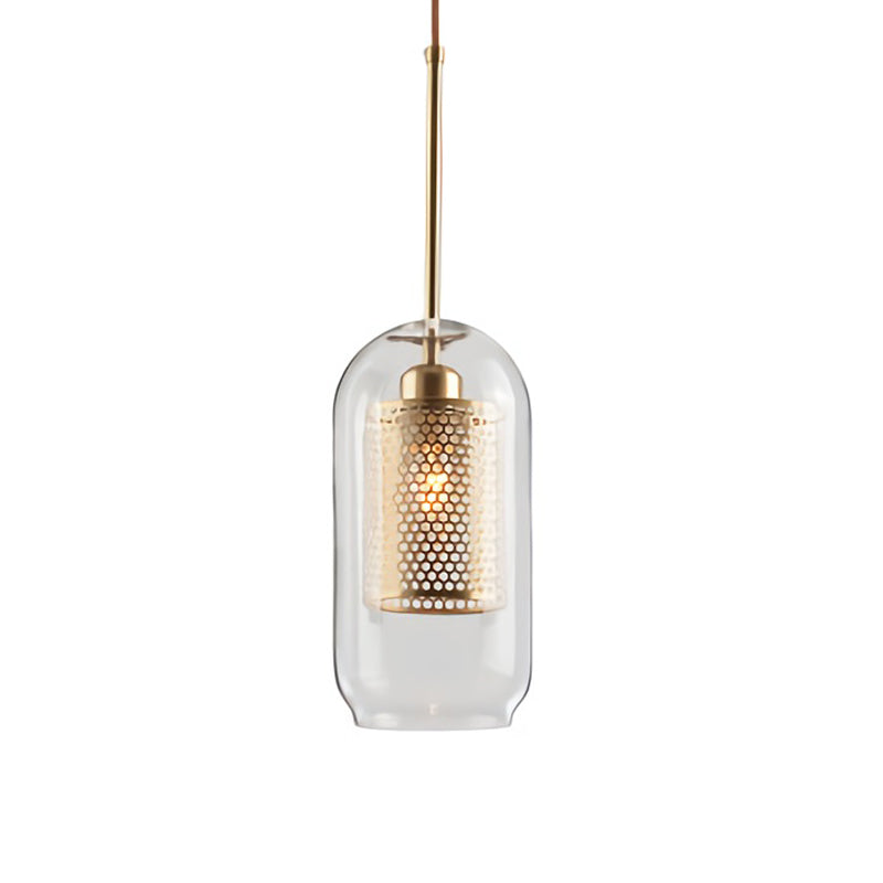 Metal Cylinder Pendant Lamp With Glass Shade For Contemporary Dining Room Lighting