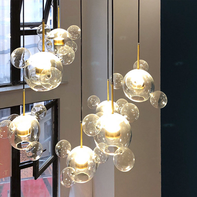 Minimal Brass Bubble Pendant Light With 5 Clear Glass Heads