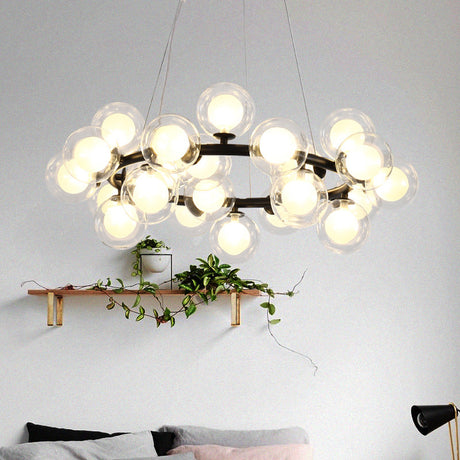 Simple Chandelier Light Fixture Kit: 25 Bulb Dining Room Hanging Lamp With Round Glass Shade / Black