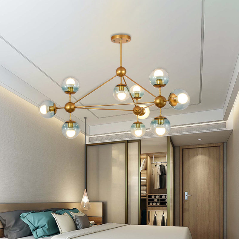 Contemporary 10-Head Gold Chandelier With Gradient Blue Glass Ball Pendant Lamp For Bedroom Lighting