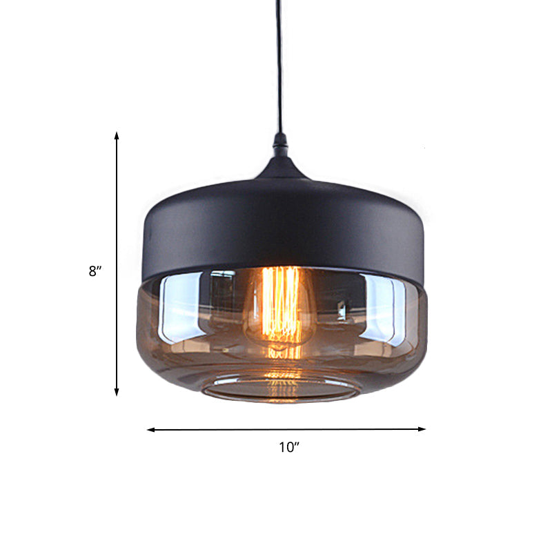 Industrial Cylinder Pendant Light With Brown Glass Shade - 1-Light Hanging Ceiling Fixture In Black