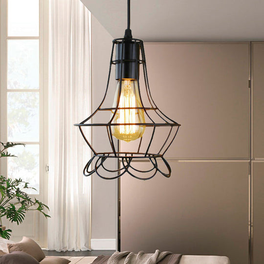 Industrial Metal Pendant Lighting With Height Adjustable Flower Cage Shade - Perfect For Bedroom