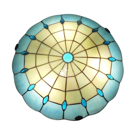 Tiffany Blue Dome Shade Flush Mount Ceiling Light With Jewel Decoration - Available In