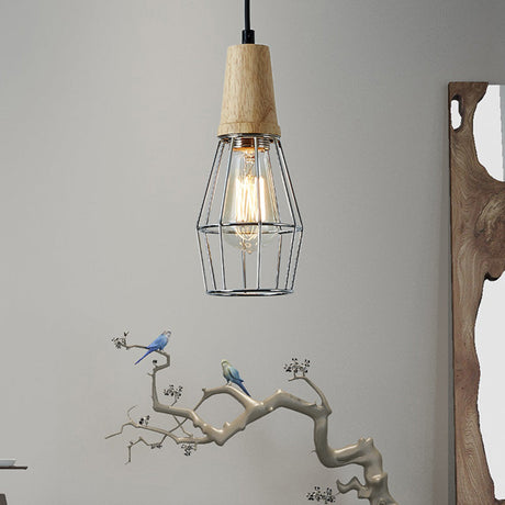 Industrial Style 1-Light Ceiling Pendant Lamp With Geometric Cage Design Wooden Top In