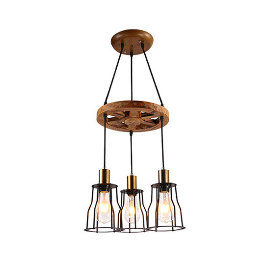 Industrial Wood Bell Cage Pendant Light With Brass Accents - 3/6 Lights For Living Room