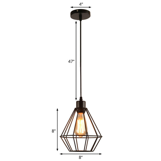 Modern Black Metal Diamond Cage Pendant Light For Restaurants - 1-Light Hanging Lamp Fixture