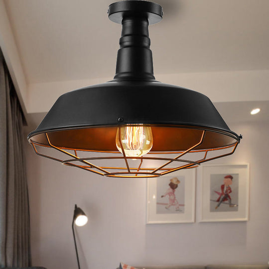 Black Vintage Metal Cage Ceiling Light Semi Flush Mount Indoor 1-Head Lighting With Barn Shade -