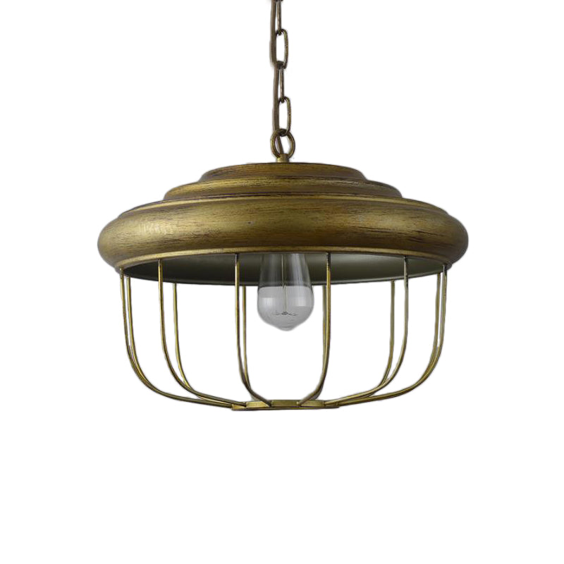 Rustic Farmhouse 1-Light Pendant With Drum Shade - Antique Brass Finish