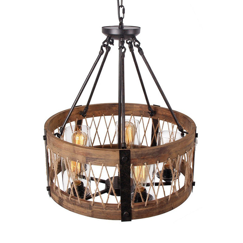 Retro Black Rope-Weaved Wood Drum Pendant Chandelier - 5-Light Metal Fixture For Dining Room
