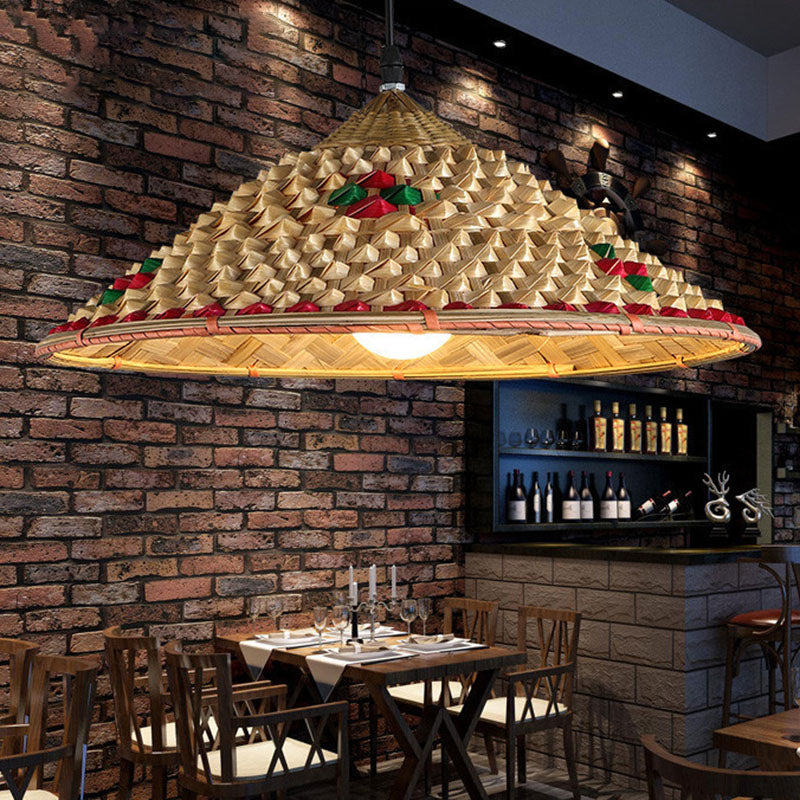 Asia Bamboo Coolie Hat Pendelleuchte - Einflammige Hängelampe aus Holz für Restaurants