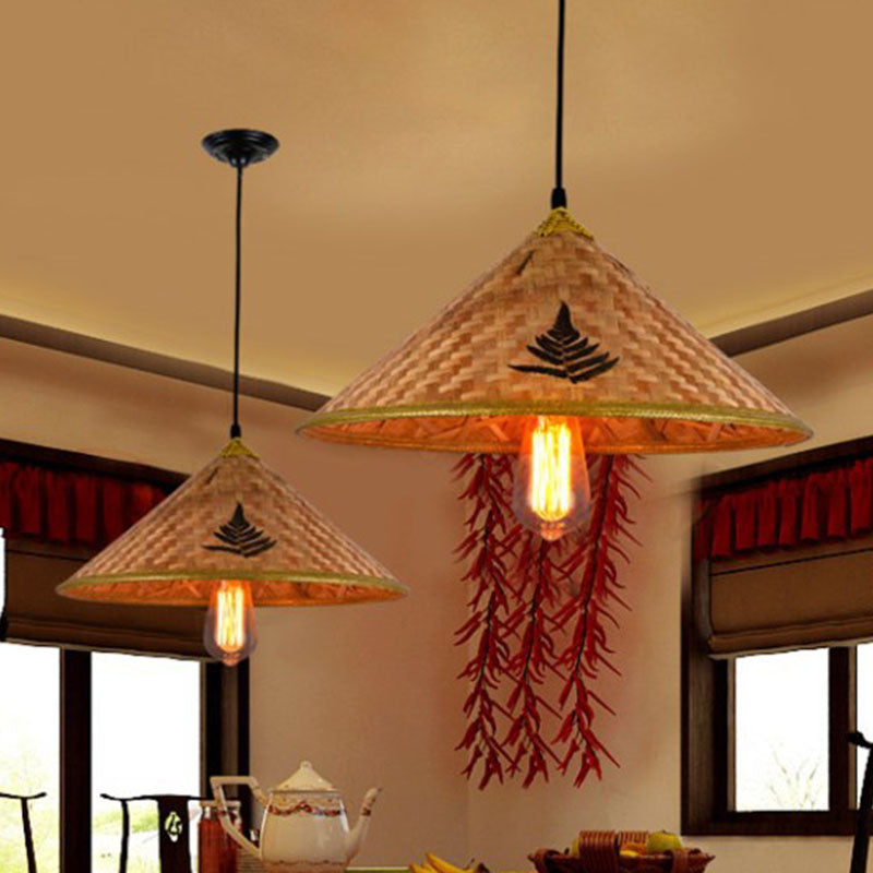 Asia Bamboo Coolie Hat Pendelleuchte - Einflammige Hängelampe aus Holz für Restaurants